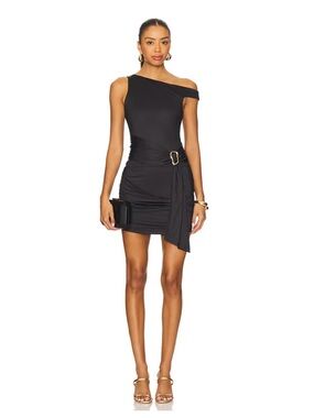 SUPERDOWN by Revolve Black One Shoulder Asymmetrical Top Gold Hardware NWT Large